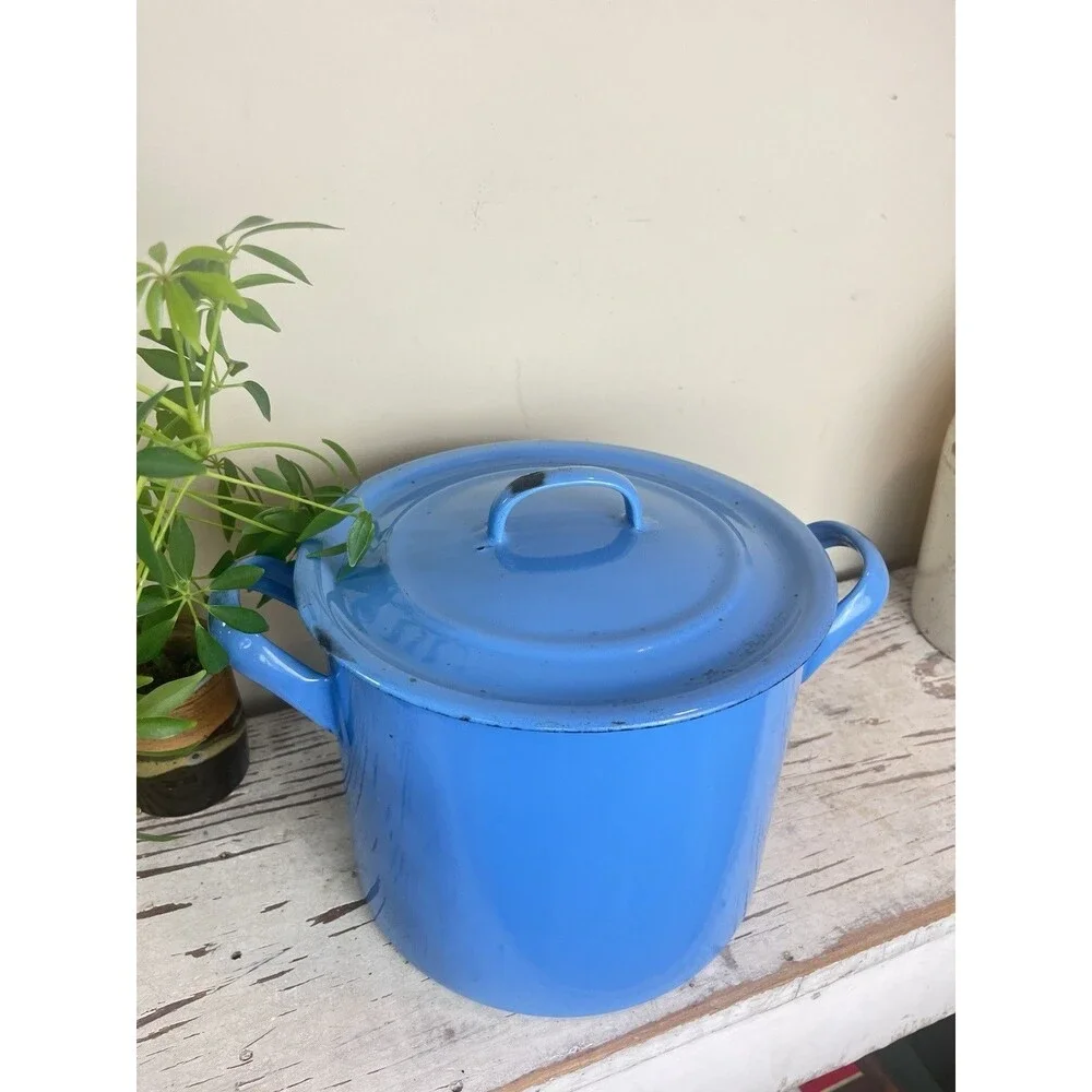 Vintage Robins Egg Blue Thala Ware Enamelware Heavy Stockpot W/Lid Country